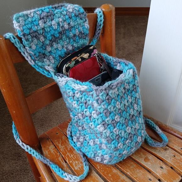 Hand Crafted Handbags - Icelandic Crochet Drawstring Mini Backpack Purse Bag blue grey handmade unlined